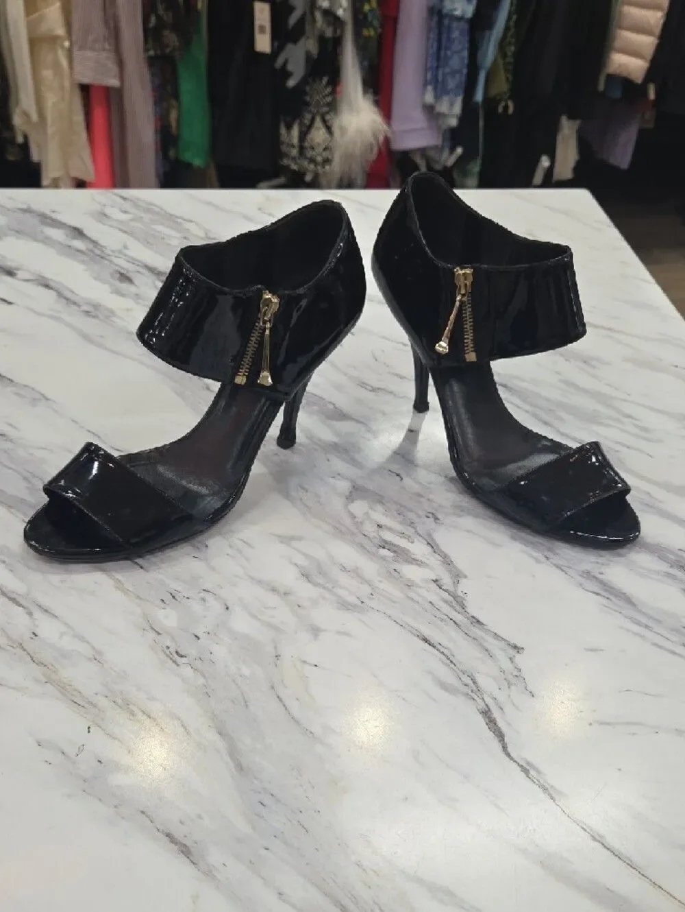 Gucci Black Patent Leather Stiletto Heels with Gold Zip Accent